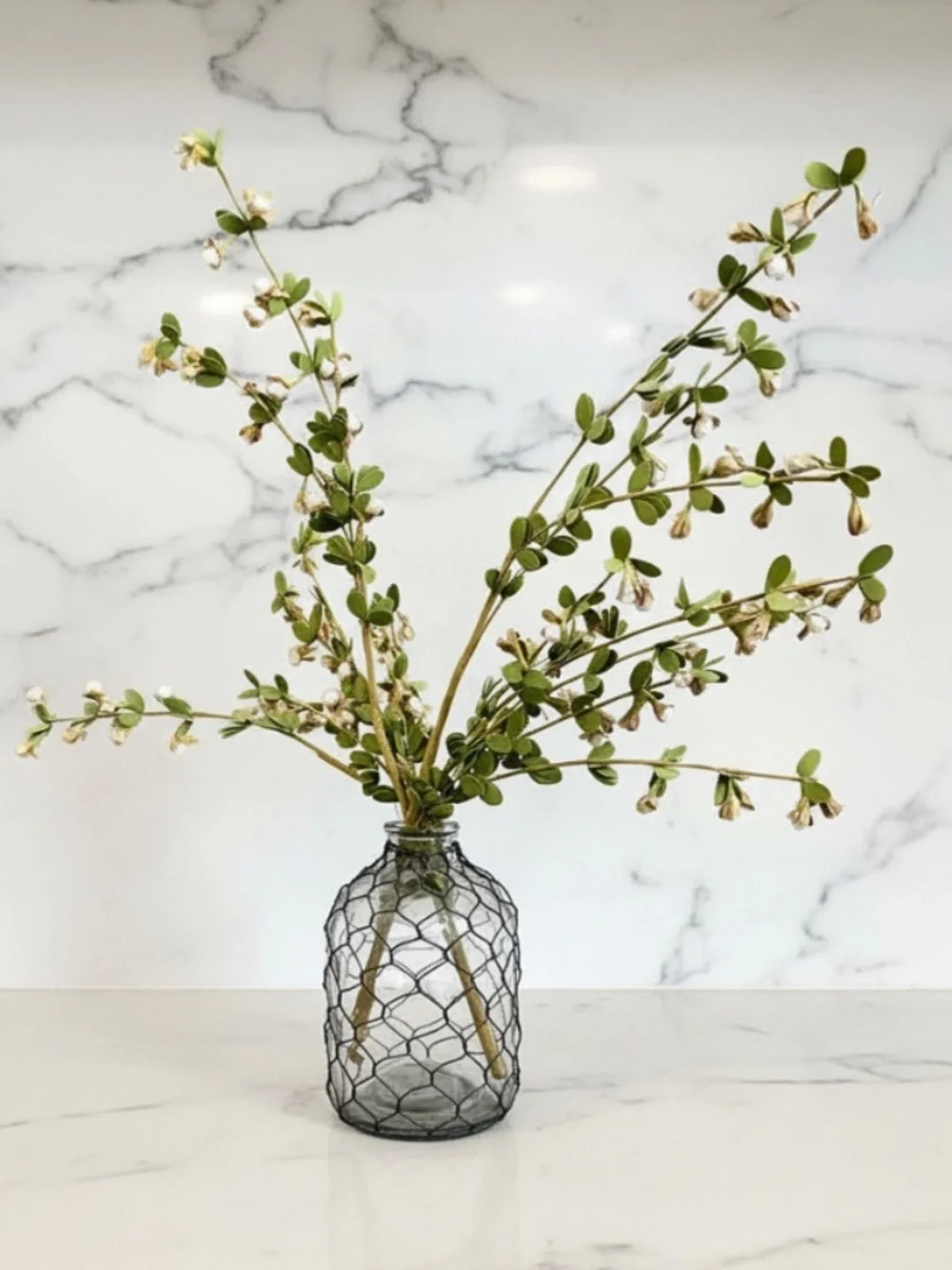 Glass Bottle Vase & Boxwood Floral Stems